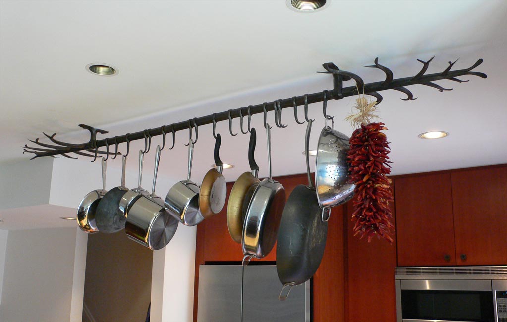 thumbnail image 2 of 21 Inch Handmade Wrought Iron Wall Mounted Pot Rack & Utensil Hanger - Black, Medium Size 2 of 5